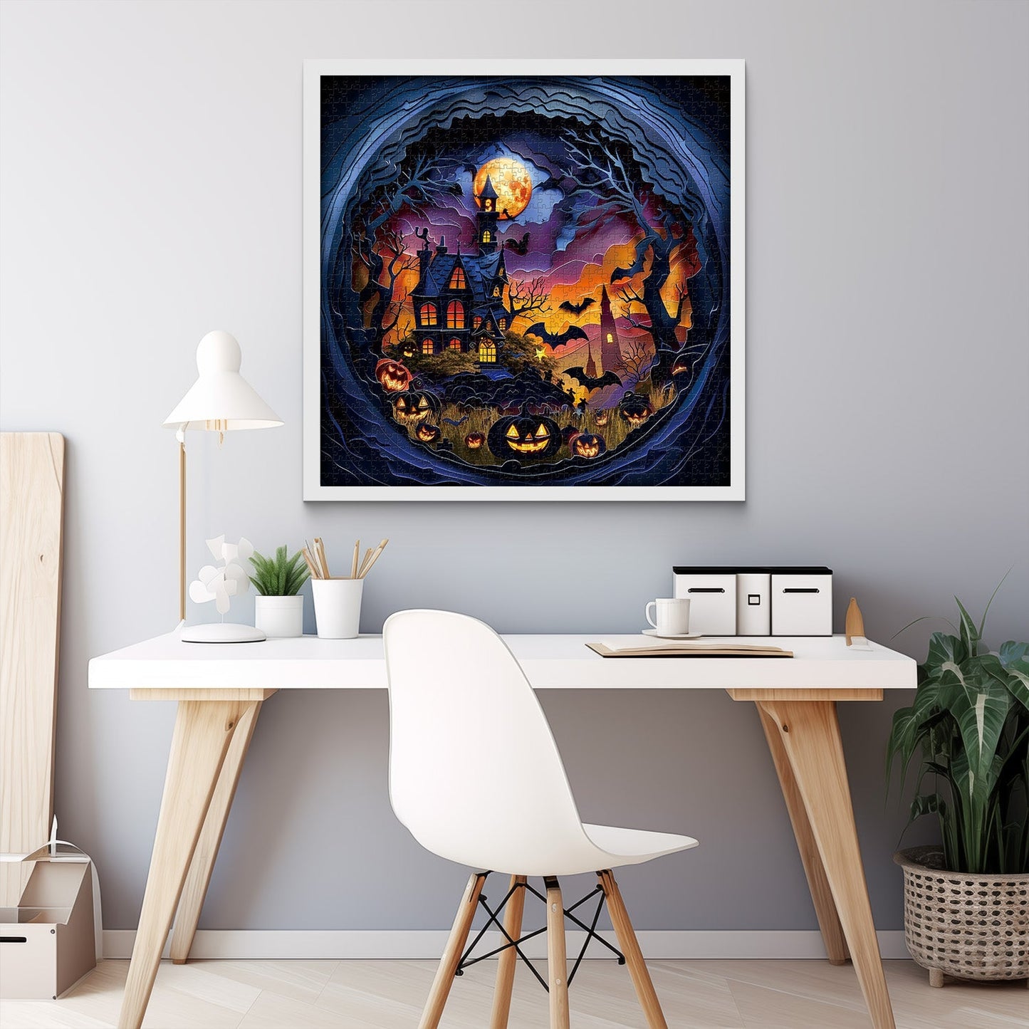 Midnight Haunt Framed Jigsaw Wall Art – Spooky Halloween Puzzle Decor
