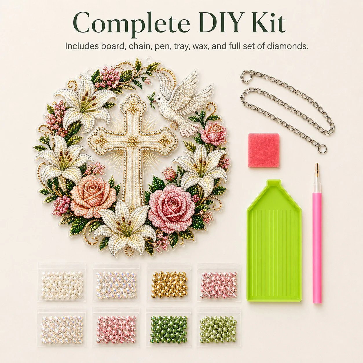 ✝️💐Cross, Flowers & Peace Dove Diamond Art Hanging Ornament Kit