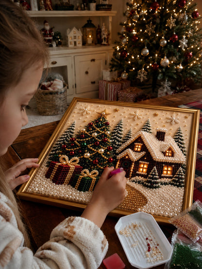 🎄🎅 Premium 3D Pearl Christmas Wall Art Kit | Luxury Flocked Canvas with Scratch-Resistant Non-Fading Pearl Beads DIY Holiday Decor ⛄️❄️