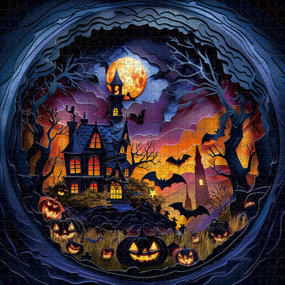 Midnight Haunt Framed Jigsaw Wall Art – Spooky Halloween Puzzle Decor