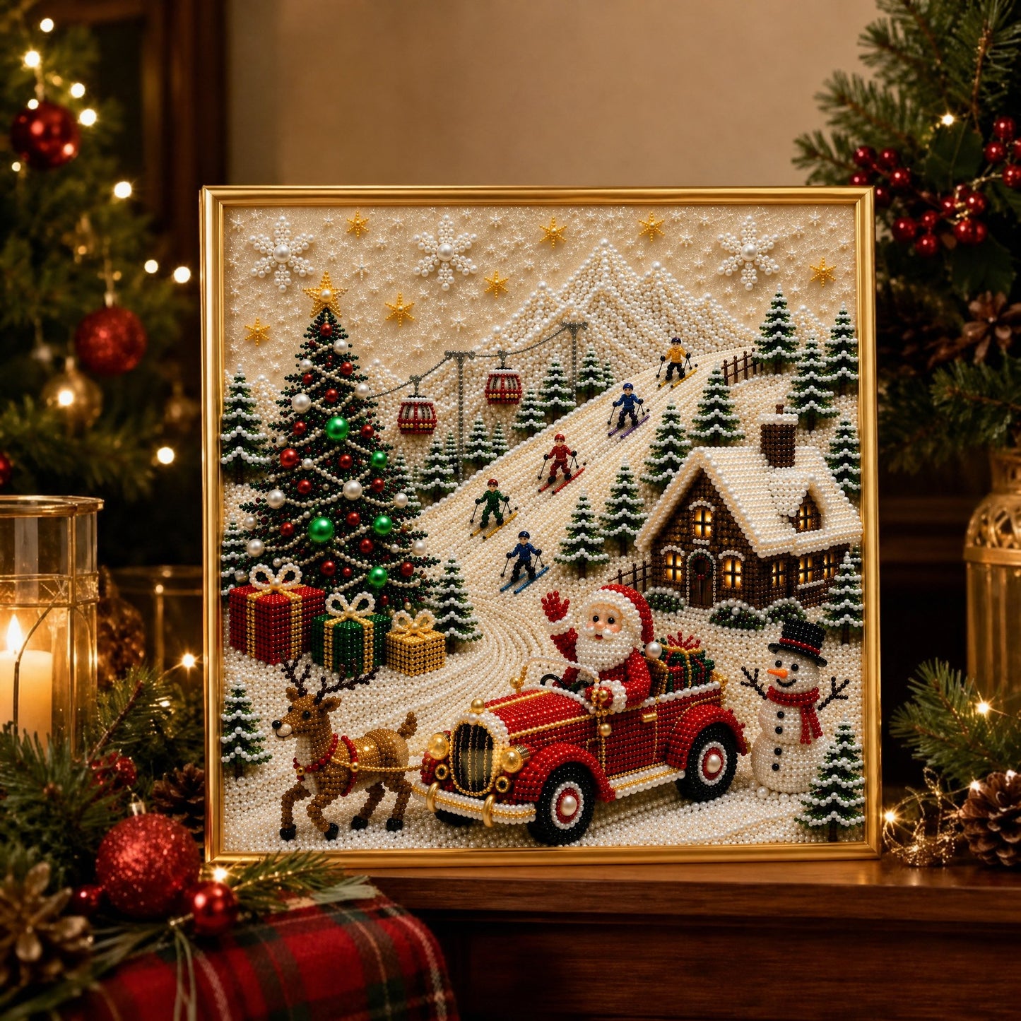 🎄🎅 Premium 3D Pearl Christmas Wall Art Kit | Luxury Flocked Canvas with Scratch-Resistant Non-Fading Pearl Beads DIY Holiday Decor ⛄️❄️