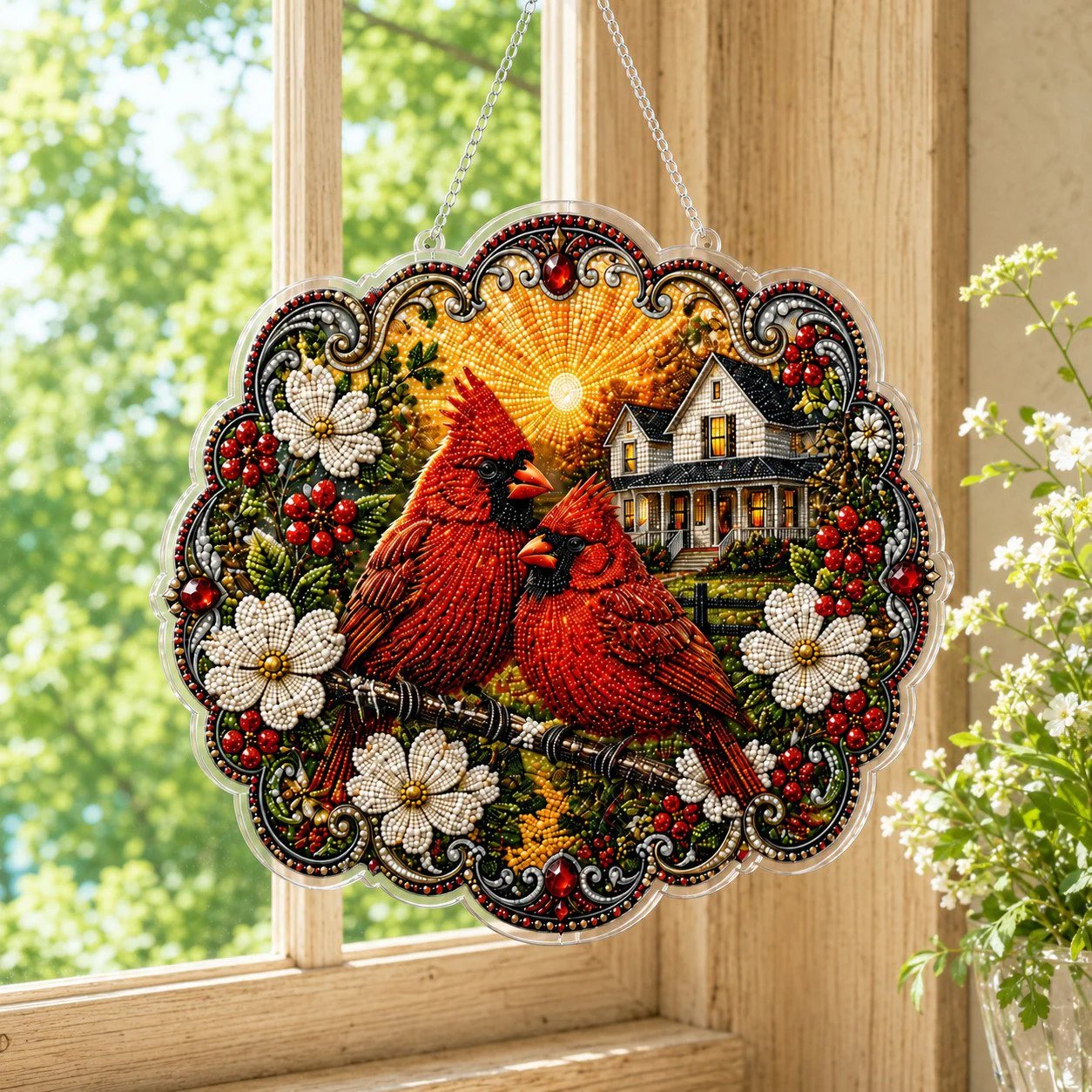 ✨Beginner-Friendly-🐦Cardinals & Sunrise Diamond Art Hanging Ornament Kit