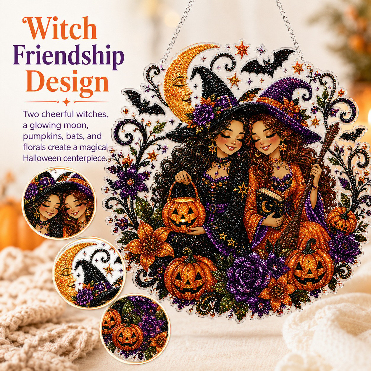 🎃Halloween Witch Friendship Diamond Art Suncatcher Sparkling Window Decor Gift✨🎃✨✨