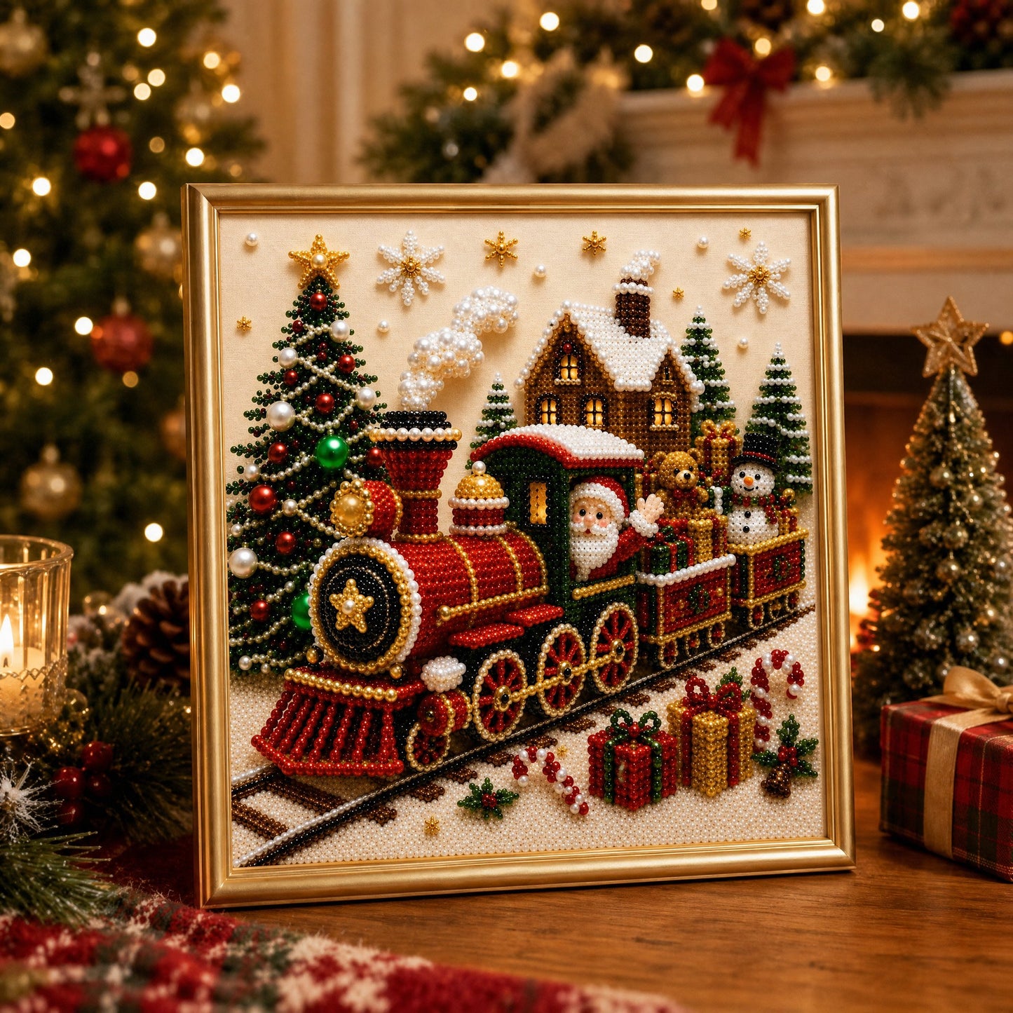 🎄🎅 Premium 3D Pearl Christmas Wall Art Kit | Luxury Flocked Canvas with Scratch-Resistant Non-Fading Pearl Beads DIY Holiday Decor ⛄️❄️