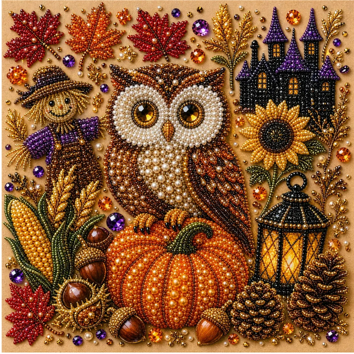 Framed Pumpkin Owl - Pearls Painting Kit DIY Diamond Painting Pearl Dot Crafts 20x20CM