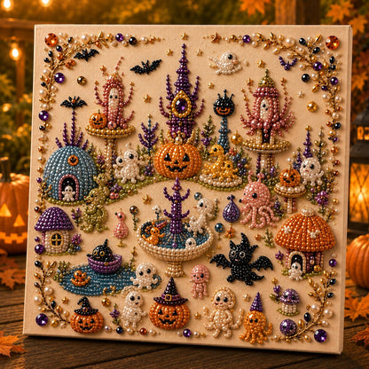 🎃👻 Premium 3D Pearl Halloween Wall Art Kit | Luxury Flocked Canvas with Scratch-Resistant Non-Fading Pearl Beads DIY Spooky Decor – Buy 2 Free Shipping 📦✨