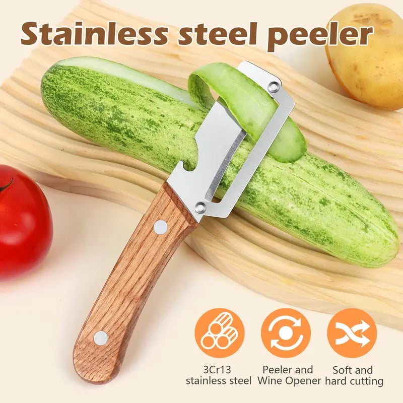 Multi-Functional Vegetable Peeler for Kitchen, Ultra-Sharp Stainless Steel Blade with Wooden Handle and Bottle Opener, For Vegetables or Fruits that Need to Be Peeled