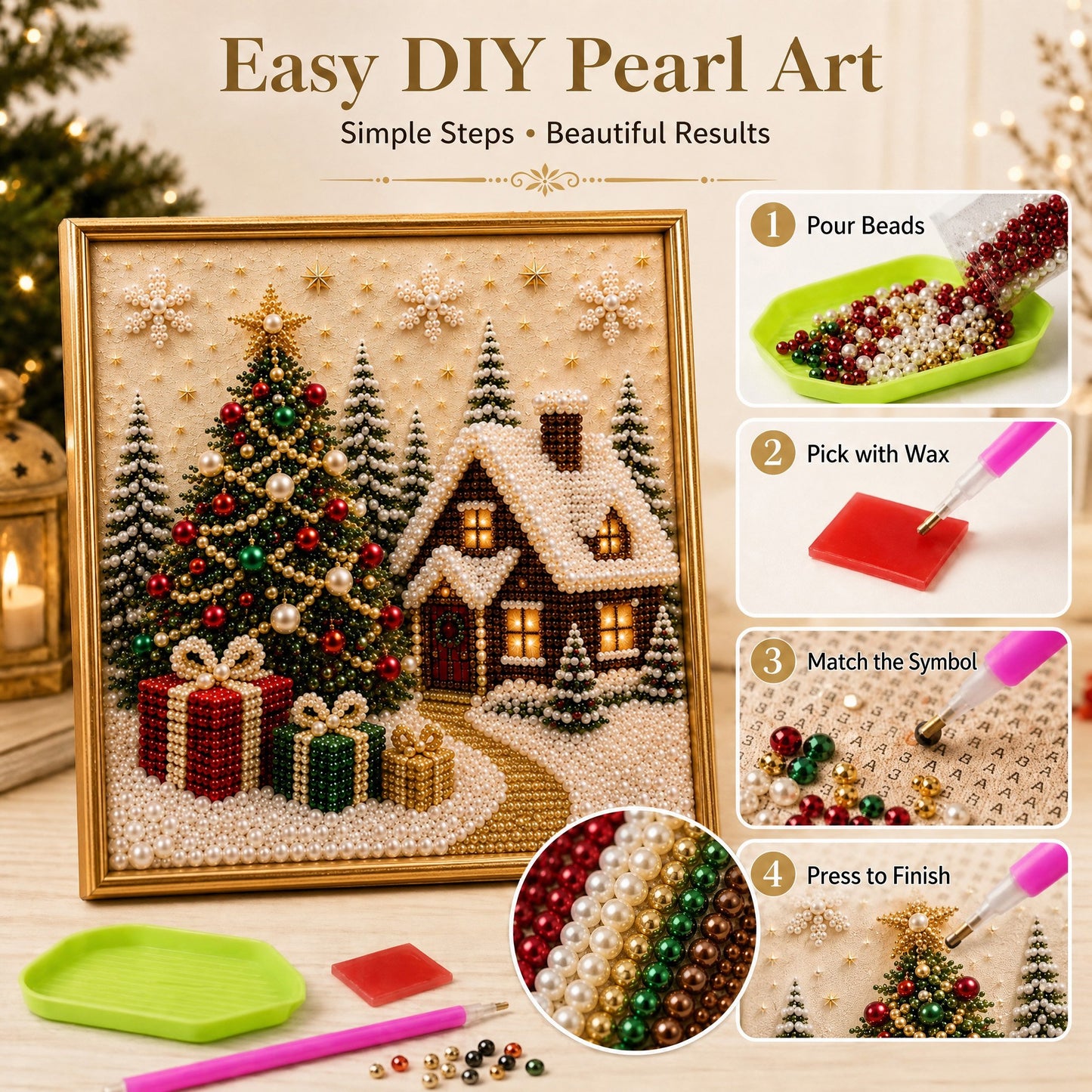 🎄🎅 Premium 3D Pearl Christmas Wall Art Kit | Luxury Flocked Canvas with Scratch-Resistant Non-Fading Pearl Beads DIY Holiday Decor ⛄️❄️
