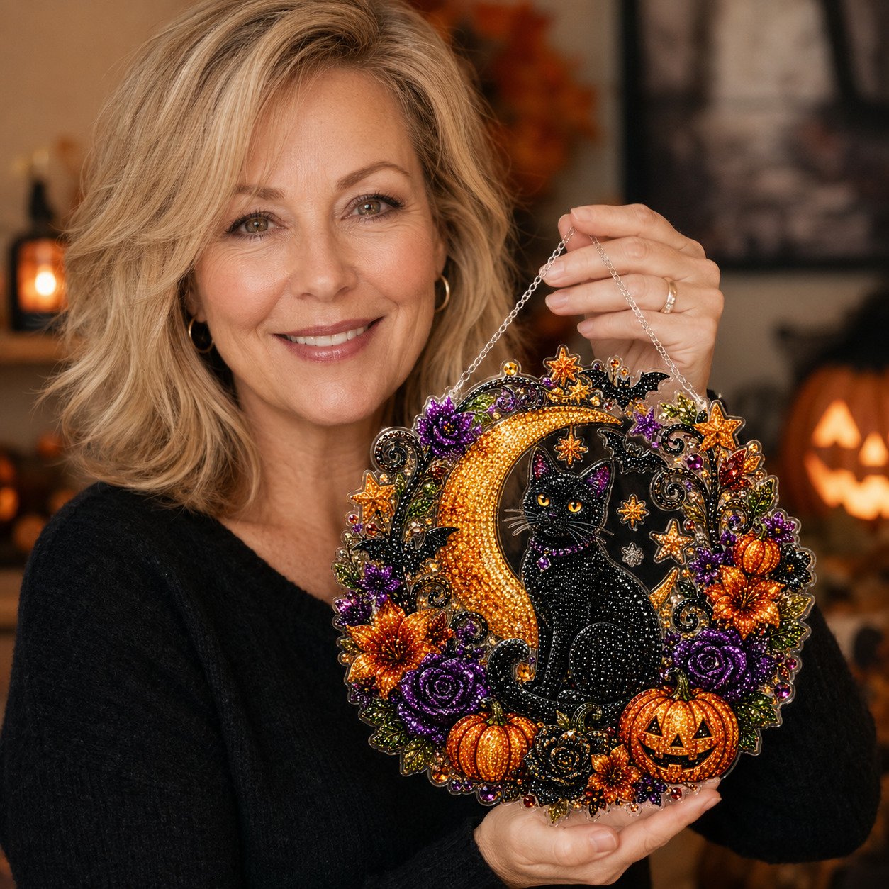 Black Cat Moon Diamond Art Hanging Ornament Kit – Relaxing DIY Halloween Craft 🎃💎 (📦Buy 2 Free Shipping)