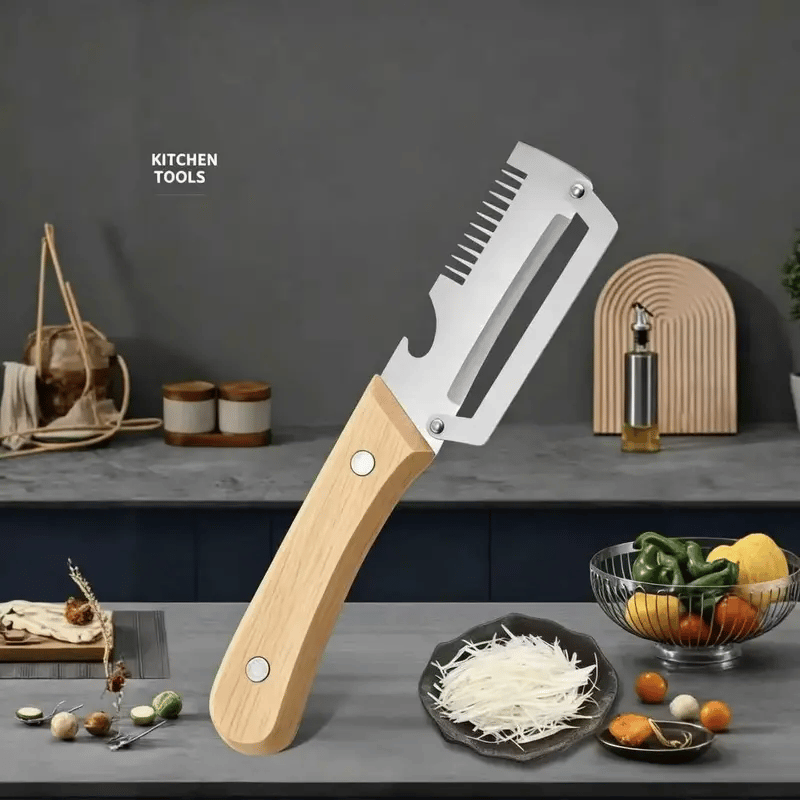 Multi-Functional Vegetable Peeler for Kitchen, Ultra-Sharp Stainless Steel Blade with Wooden Handle and Bottle Opener, For Vegetables or Fruits that Need to Be Peeled