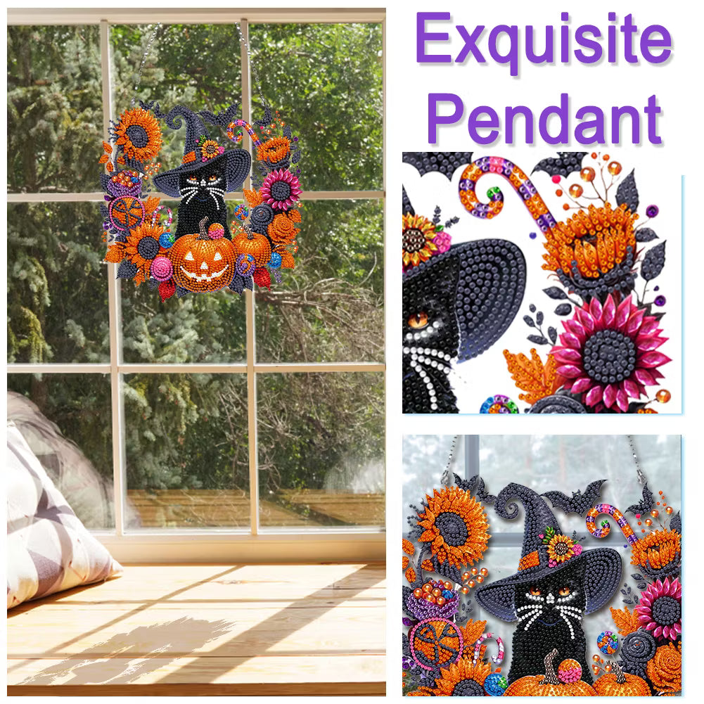 Black Cat Moon Diamond Art Hanging Ornament Kit – Relaxing DIY Halloween Craft 🎃💎 (📦Buy 2 Free Shipping)