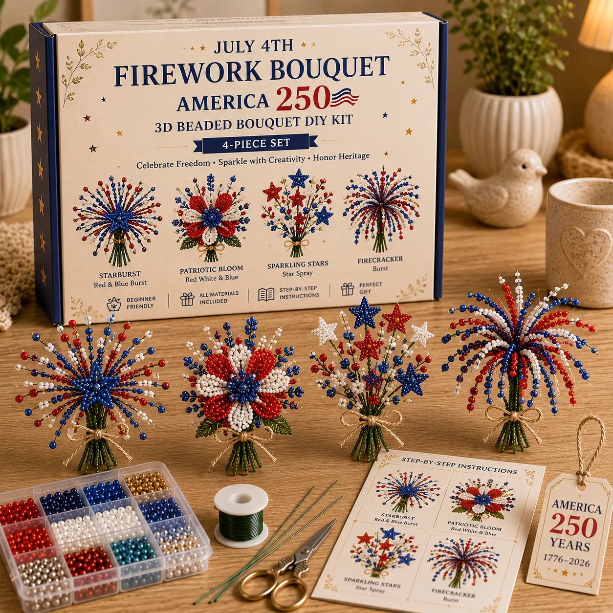 🔥LAST DAY 49% OFF-America 250 Beaded Bouquet DIY Kit – Limited Edition Patriotic Craft Collection