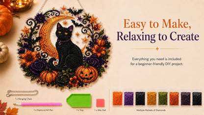 Black Cat Moon Diamond Art Hanging Ornament Kit – Relaxing DIY Halloween Craft 🎃💎 (📦Buy 2 Free Shipping)