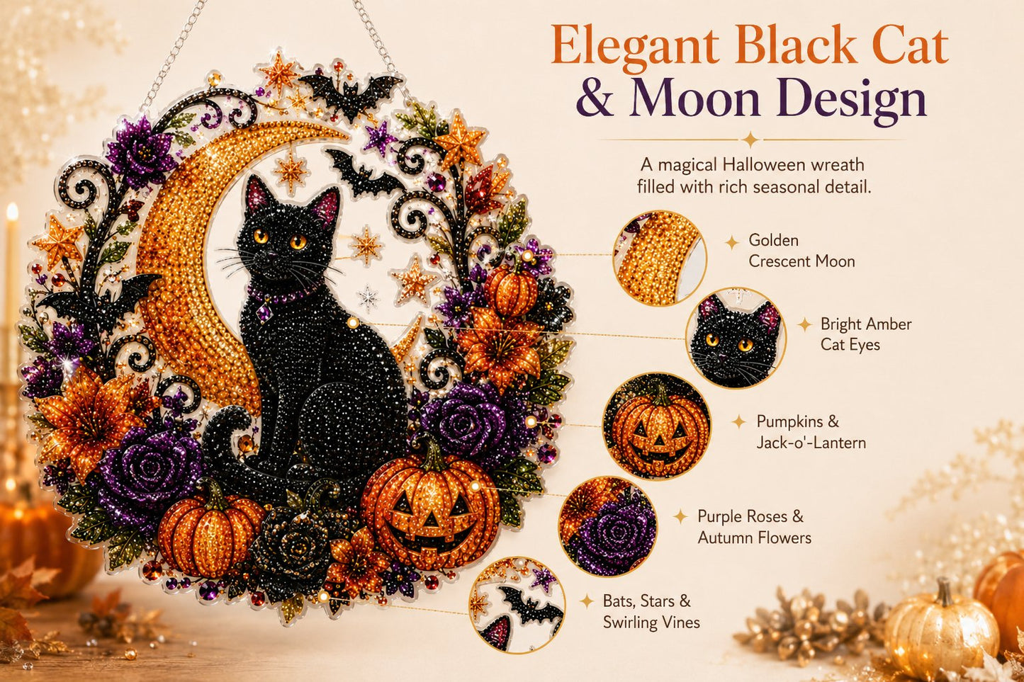 Black Cat Moon Diamond Art Hanging Ornament Kit – Relaxing DIY Halloween Craft 🎃💎 (📦Buy 2 Free Shipping)