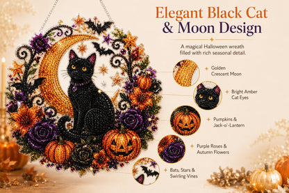 Black Cat Moon Diamond Art Hanging Ornament Kit – Relaxing DIY Halloween Craft 🎃💎 (📦Buy 2 Free Shipping)