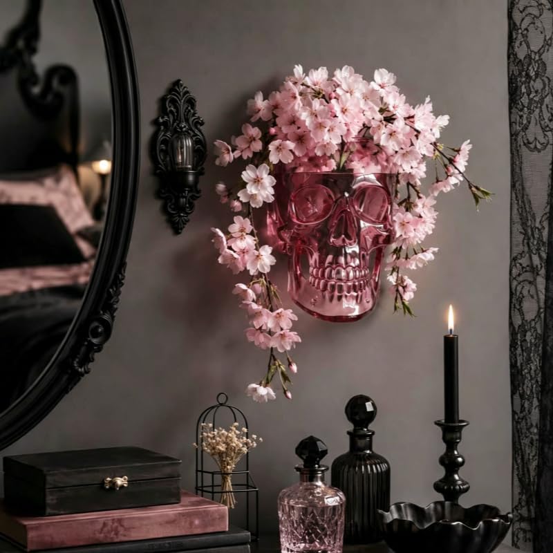 💀Romantic Gothic Skull Wall Planter & Vase – Translucent Pink Resin Flower Pot for Cherry Blossoms & Roses