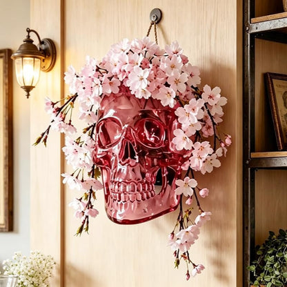 💀Romantic Gothic Skull Wall Planter & Vase – Translucent Pink Resin Flower Pot for Cherry Blossoms & Roses
