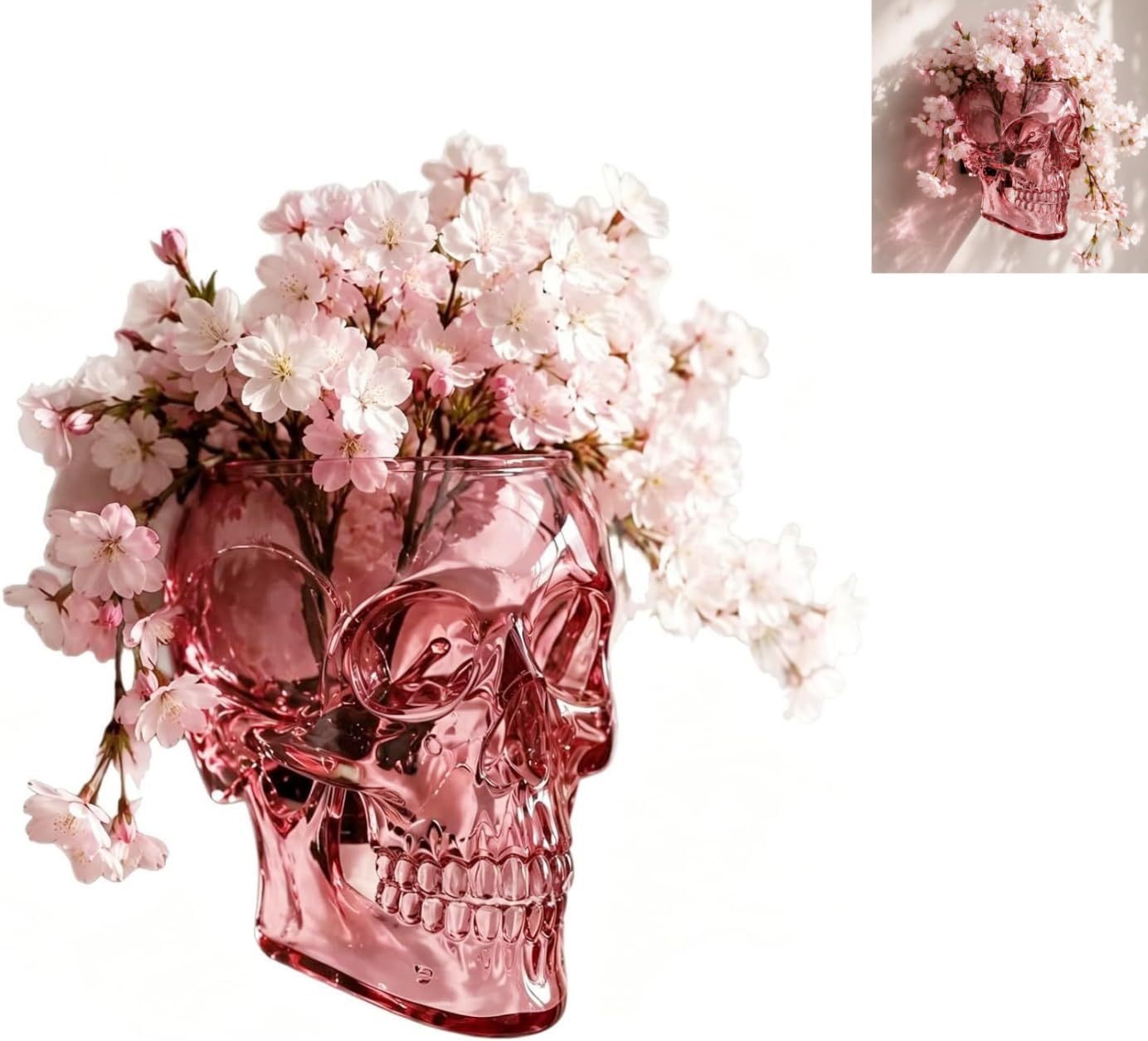 💀Romantic Gothic Skull Wall Planter & Vase – Translucent Pink Resin Flower Pot for Cherry Blossoms & Roses