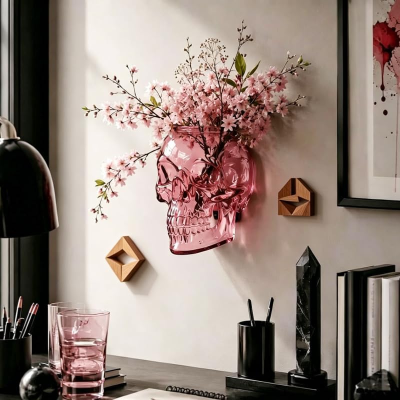 💀Romantic Gothic Skull Wall Planter & Vase – Translucent Pink Resin Flower Pot for Cherry Blossoms & Roses