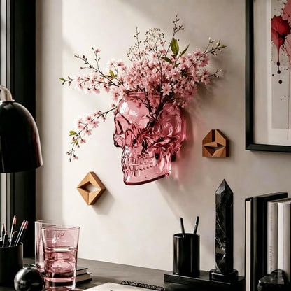 💀Romantic Gothic Skull Wall Planter & Vase – Translucent Pink Resin Flower Pot for Cherry Blossoms & Roses
