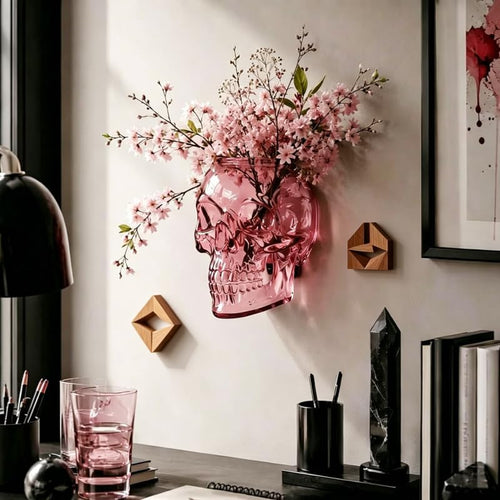 💀Romantic Gothic Skull Wall Planter & Vase – Translucent Pink Resin Flower Pot for Cherry Blossoms & Roses