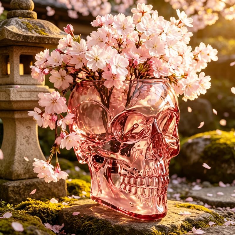 💀Romantic Gothic Skull Wall Planter & Vase – Translucent Pink Resin Flower Pot for Cherry Blossoms & Roses
