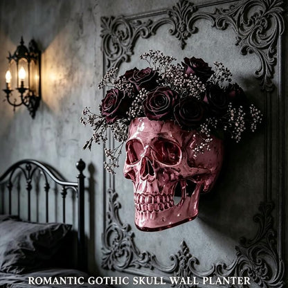 💀Romantic Gothic Skull Wall Planter & Vase – Translucent Pink Resin Flower Pot for Cherry Blossoms & Roses