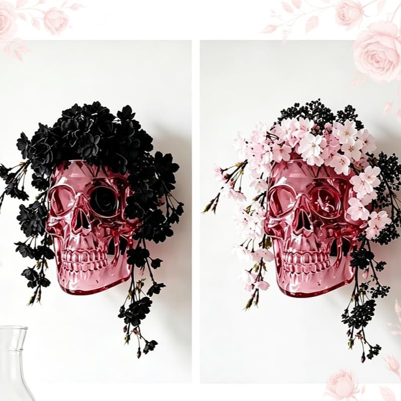 💀Romantic Gothic Skull Wall Planter & Vase – Translucent Pink Resin Flower Pot for Cherry Blossoms & Roses