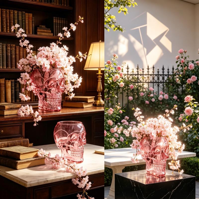 💀Romantic Gothic Skull Wall Planter & Vase – Translucent Pink Resin Flower Pot for Cherry Blossoms & Roses