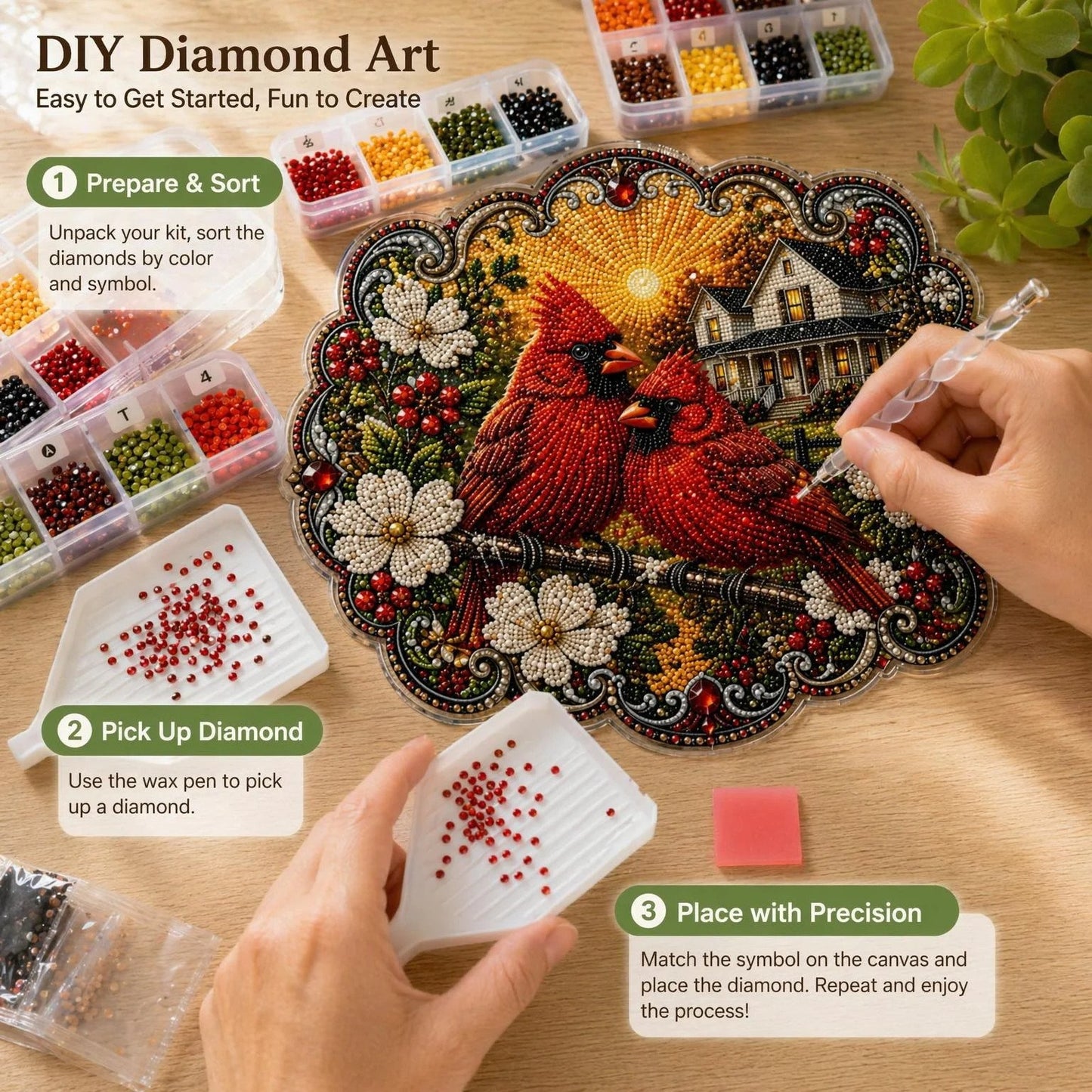 ✨Beginner-Friendly-🐦Cardinals & Sunrise Diamond Art Hanging Ornament Kit