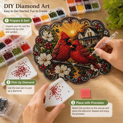 ✨Beginner-Friendly-🐦Cardinals & Sunrise Diamond Art Hanging Ornament Kit