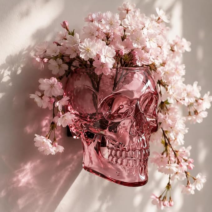 💀Romantic Gothic Skull Wall Planter & Vase – Translucent Pink Resin Flower Pot for Cherry Blossoms & Roses