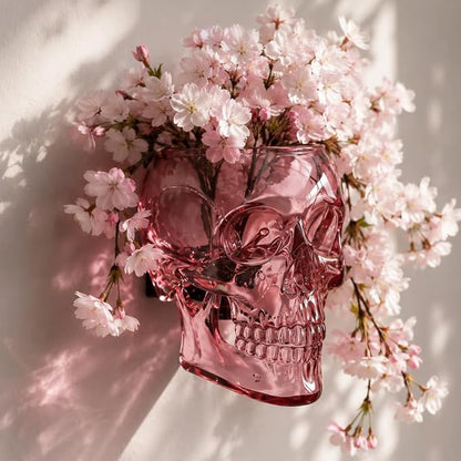 💀Romantic Gothic Skull Wall Planter & Vase – Translucent Pink Resin Flower Pot for Cherry Blossoms & Roses