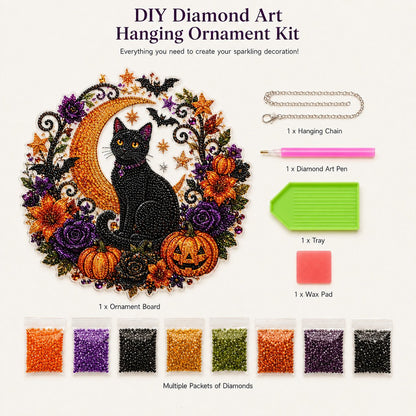 Black Cat Moon Diamond Art Hanging Ornament Kit – Relaxing DIY Halloween Craft 🎃💎 (📦Buy 2 Free Shipping)