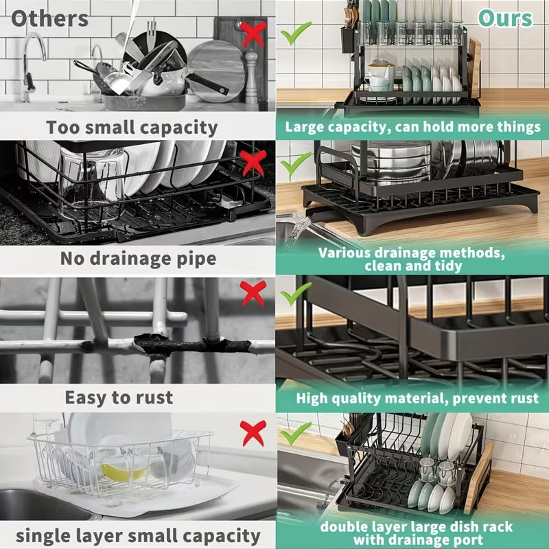 Double-layer large drain rack for kitchen countertop