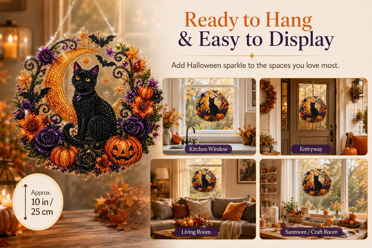 Black Cat Moon Diamond Art Hanging Ornament Kit – Relaxing DIY Halloween Craft 🎃💎 (📦Buy 2 Free Shipping)