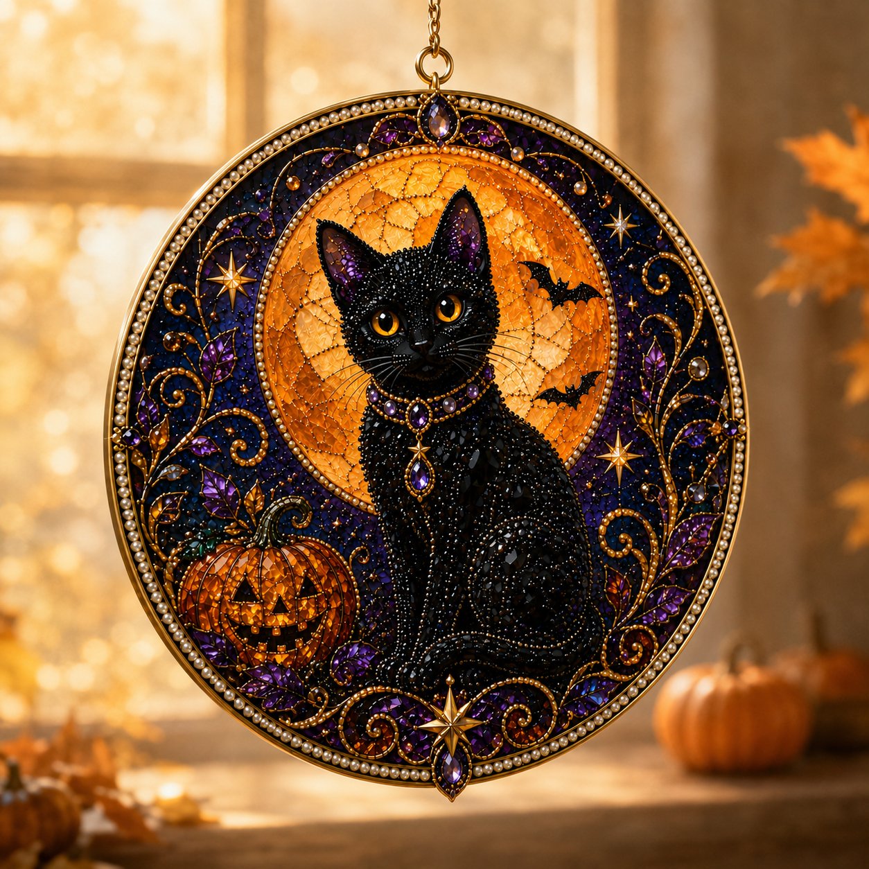 🔥Last Day 50% OFF - 🌙 DIY Celestial Black Cat Window Hanging Kit | 3D Pearl Bead Suncatcher 🔮✨