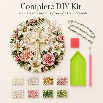 ✝️💐Cross, Flowers & Peace Dove Diamond Art Hanging Ornament Kit