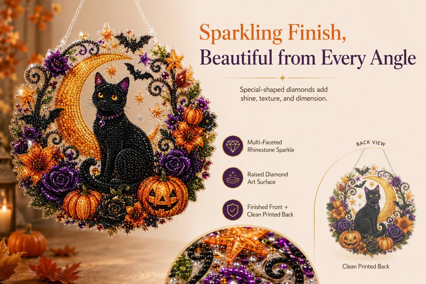 Black Cat Moon Diamond Art Hanging Ornament Kit – Relaxing DIY Halloween Craft 🎃💎 (📦Buy 2 Free Shipping)