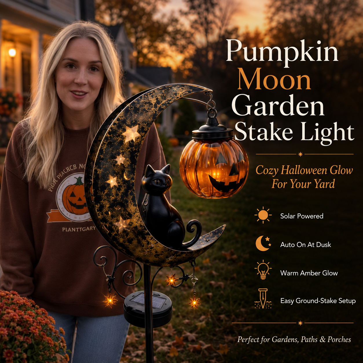 🔥 55% OFF TODAY 👻 Solar Halloween Garden Stake Light with Black Cat & Pumpkin