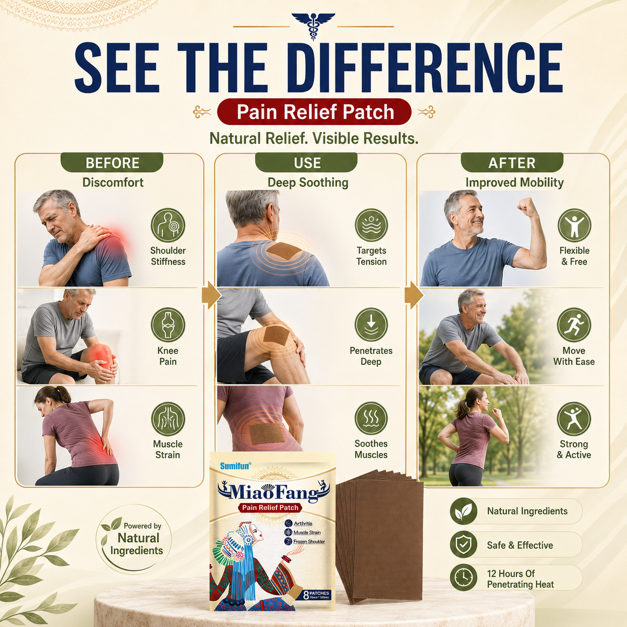 🌿 Pain Relief Patch — 12 Hours of Penetrating Heat That Works Deep — Soothes Arthritis, Muscle Strain & Frozen Shoulder Naturally-Q1
