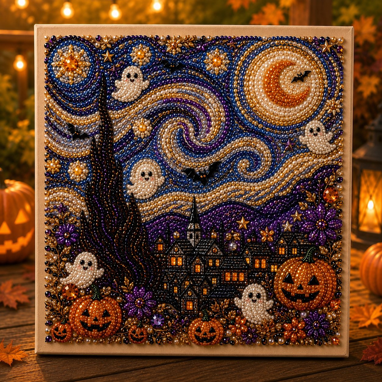 🎃👻 Premium 3D Pearl Halloween Wall Art Kit | Luxury Flocked Canvas with Scratch-Resistant Non-Fading Pearl Beads DIY Spooky Decor – Buy 2 Free Shipping 📦✨