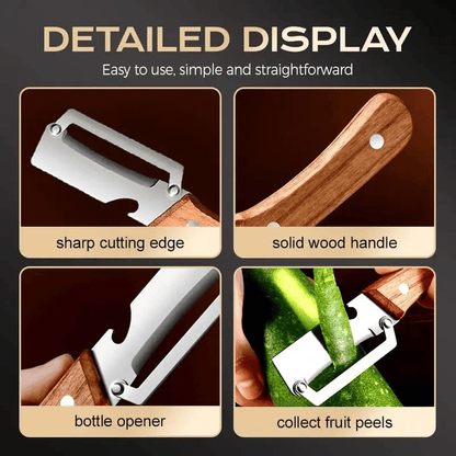Multi-Functional Vegetable Peeler for Kitchen, Ultra-Sharp Stainless Steel Blade with Wooden Handle and Bottle Opener, For Vegetables or Fruits that Need to Be Peeled