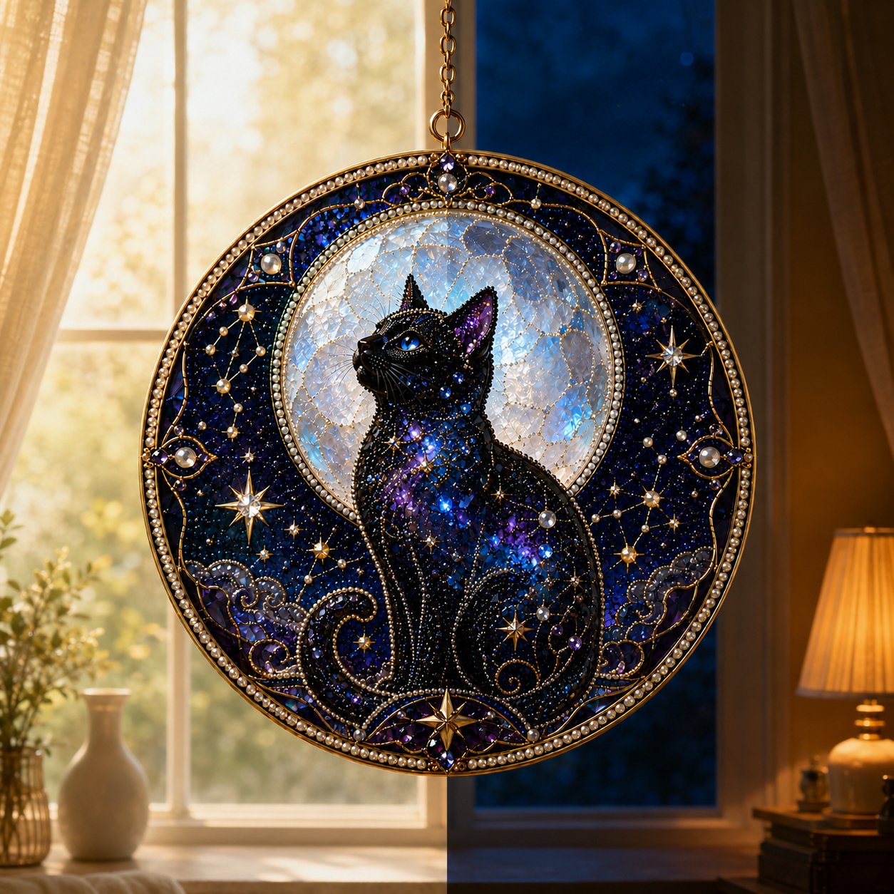🔥Last Day 50% OFF - 🌙 DIY Celestial Black Cat Window Hanging Kit | 3D Pearl Bead Suncatcher 🔮✨