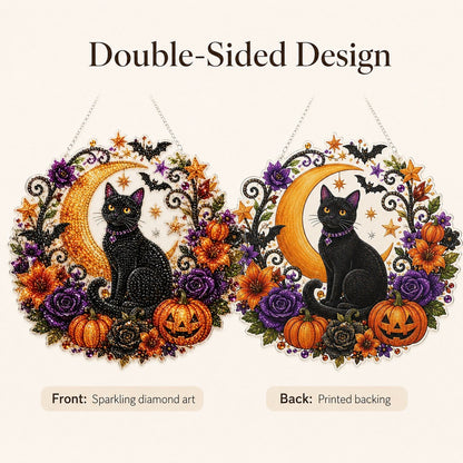 Black Cat Moon Diamond Art Hanging Ornament Kit – Relaxing DIY Halloween Craft 🎃💎 (📦Buy 2 Free Shipping)