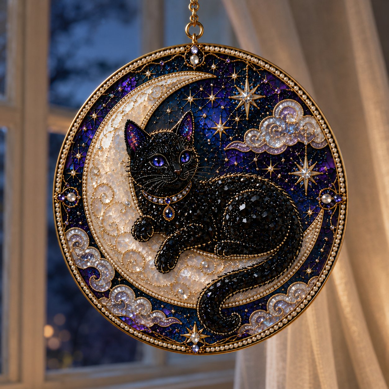 🔥Last Day 50% OFF - 🌙 DIY Celestial Black Cat Window Hanging Kit | 3D Pearl Bead Suncatcher 🔮✨