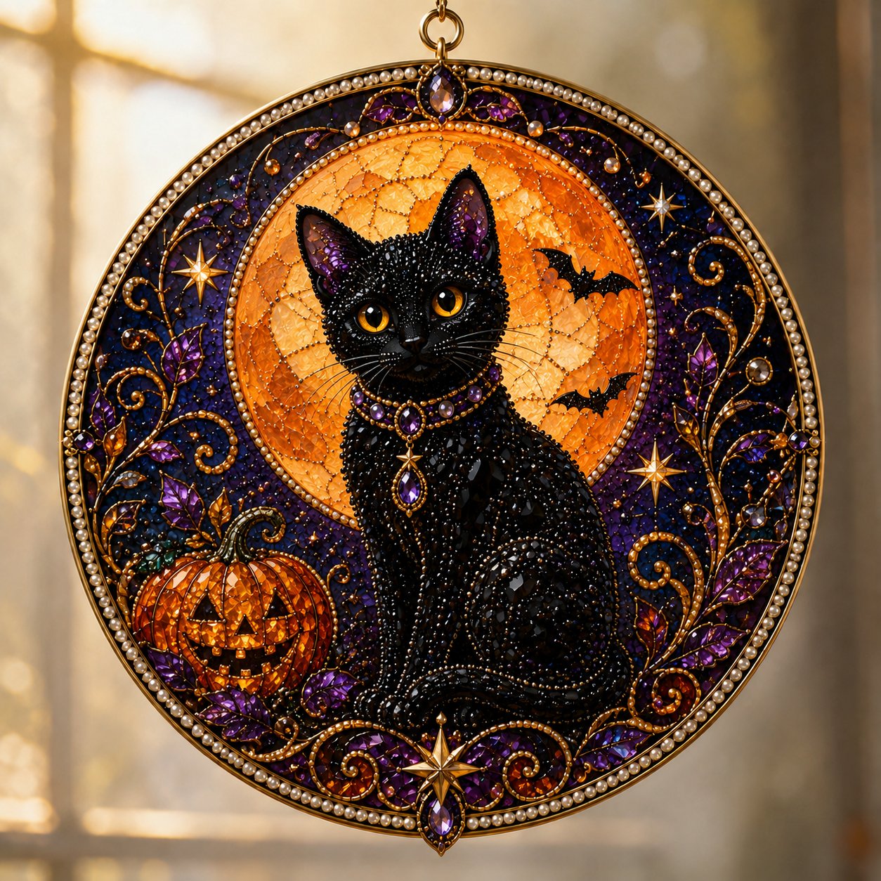 🔥Last Day 50% OFF - 🌙 DIY Celestial Black Cat Window Hanging Kit | 3D Pearl Bead Suncatcher 🔮✨