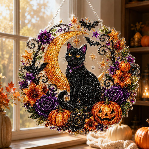 Black Cat Moon Diamond Art Hanging Ornament Kit – Relaxing DIY Halloween Craft 🎃💎 (📦Buy 2 Free Shipping)