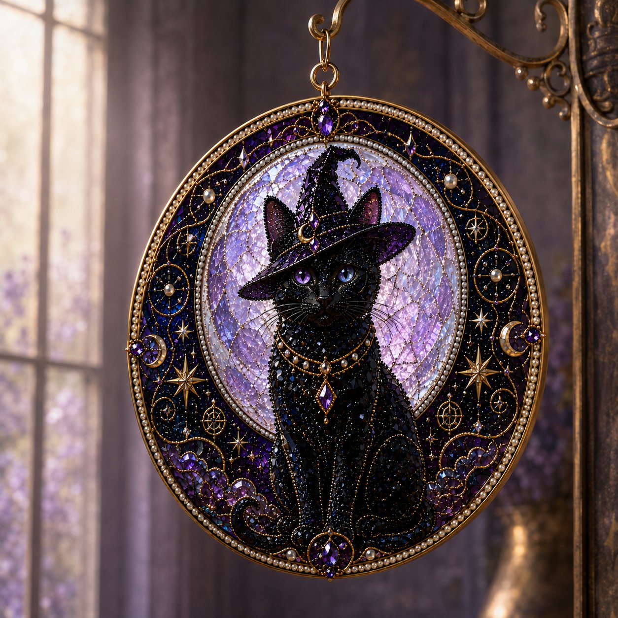 🔥Last Day 50% OFF - 🌙 DIY Celestial Black Cat Window Hanging Kit | 3D Pearl Bead Suncatcher 🔮✨