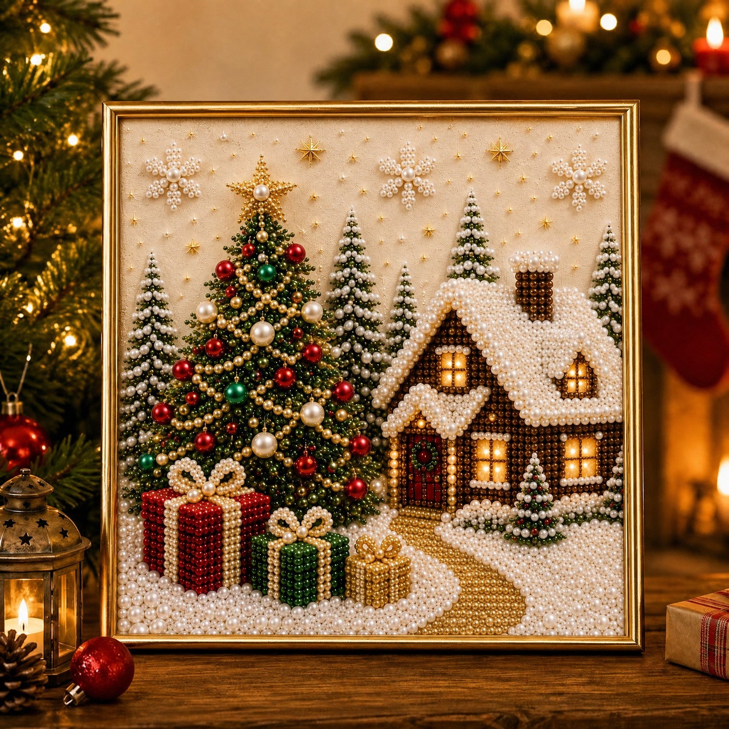 🎄🎅 Premium 3D Pearl Christmas Wall Art Kit | Luxury Flocked Canvas with Scratch-Resistant Non-Fading Pearl Beads DIY Holiday Decor ⛄️❄️